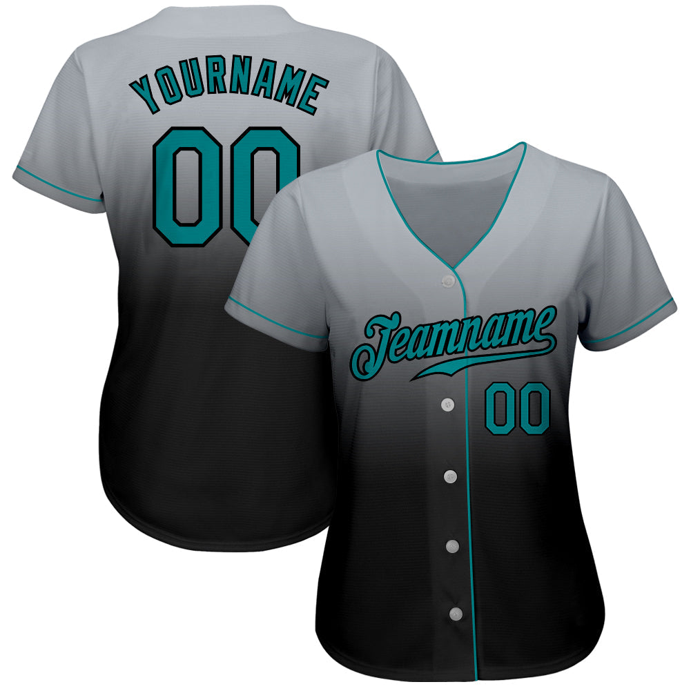 Custom Gray Teal-Black Authentic Fade Fashion Baseball Jersey