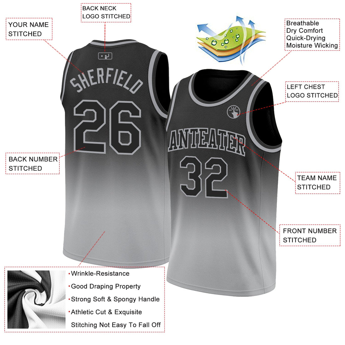 Custom Black Black-Gray Authentic Fade Fashion Basketball Jersey