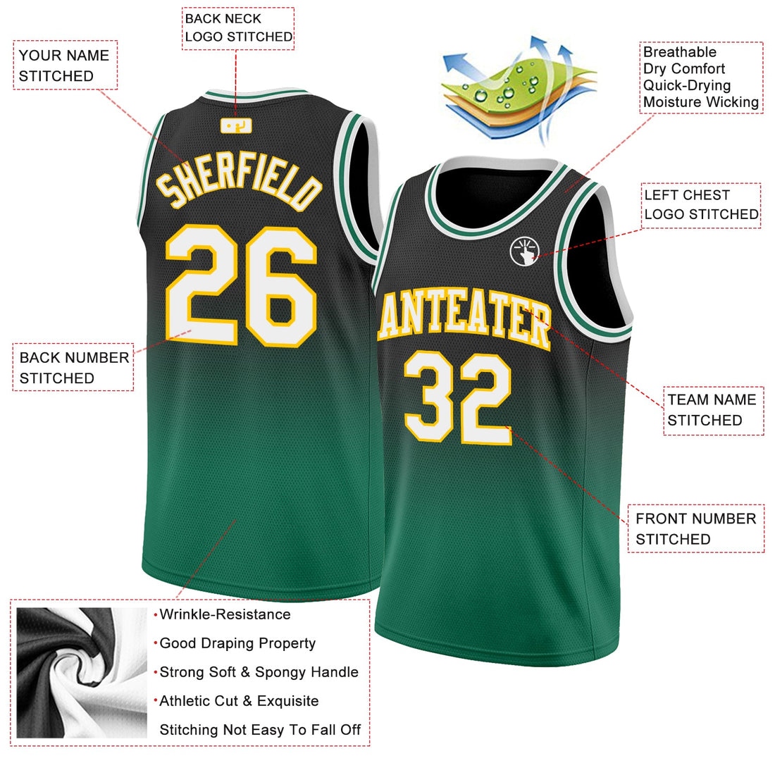 Custom Black White-Kelly Green Authentic Fade Fashion Basketball Jersey