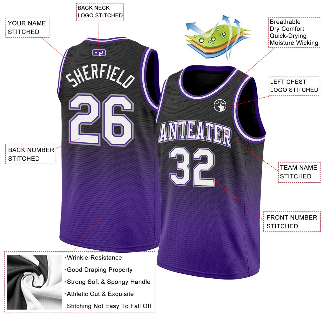 Custom Black White-Purple Authentic Fade Fashion Basketball Jersey