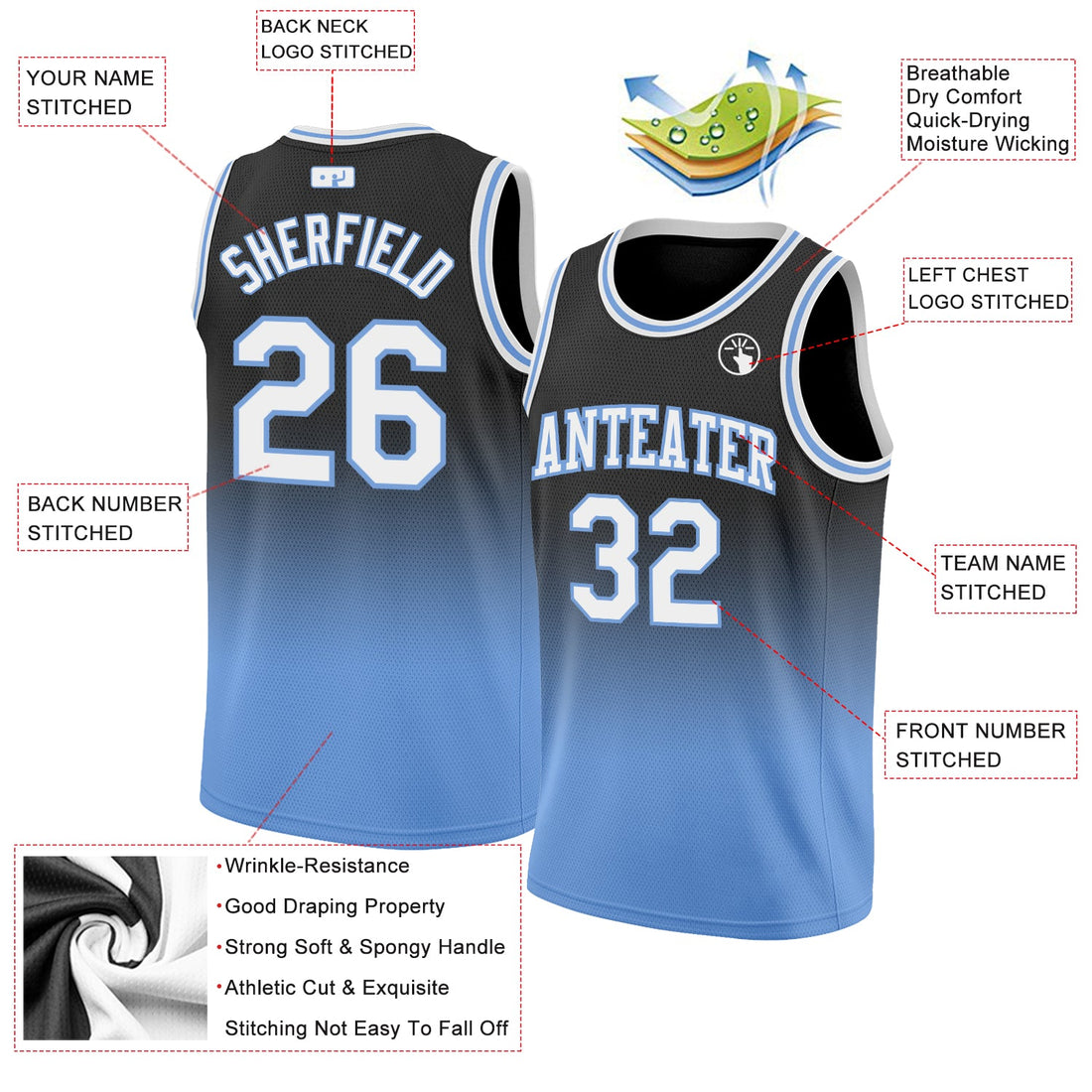 Custom Black White-Light Blue Authentic Fade Fashion Basketball Jersey