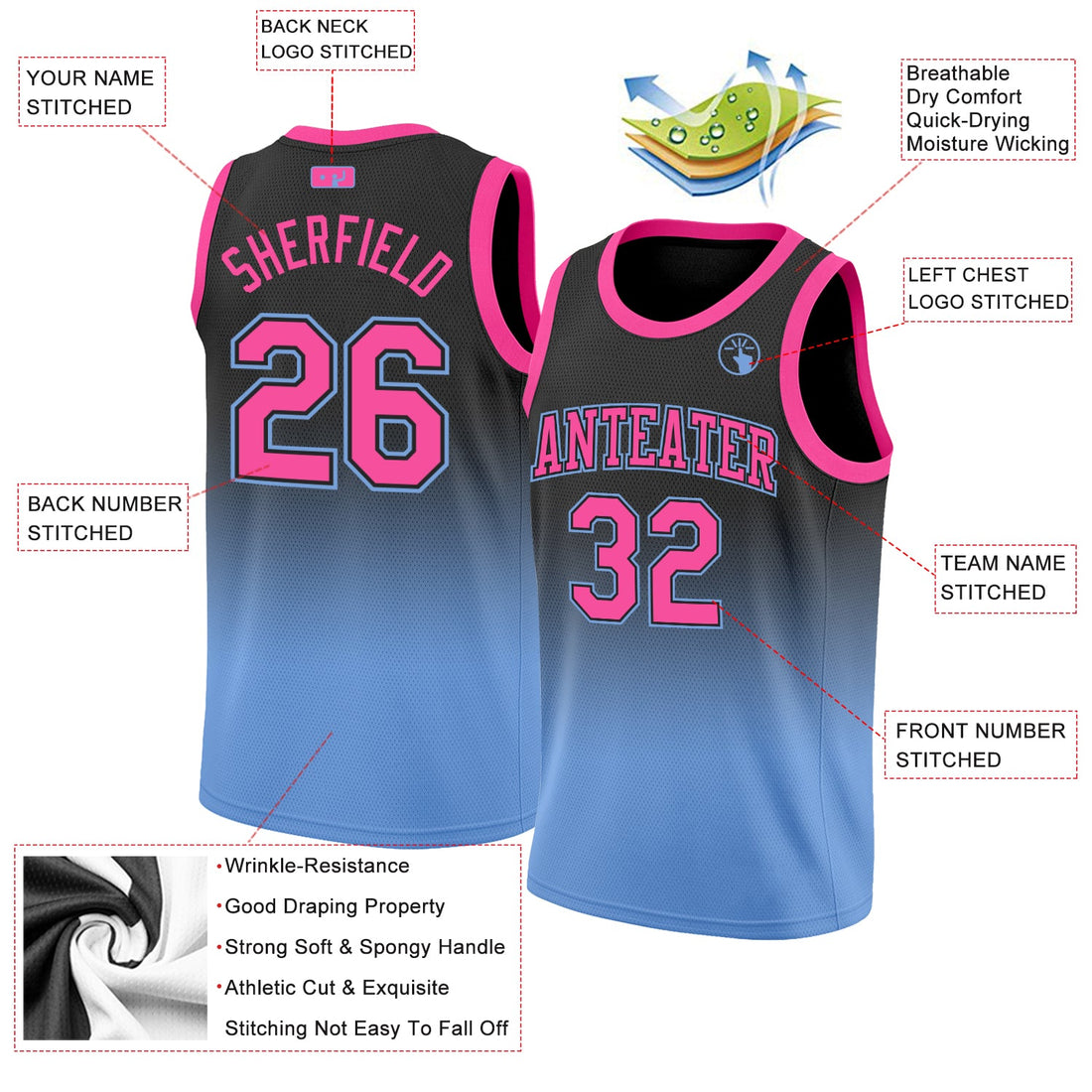 Custom Black Pink-Light Blue Authentic Fade Fashion Basketball Jersey