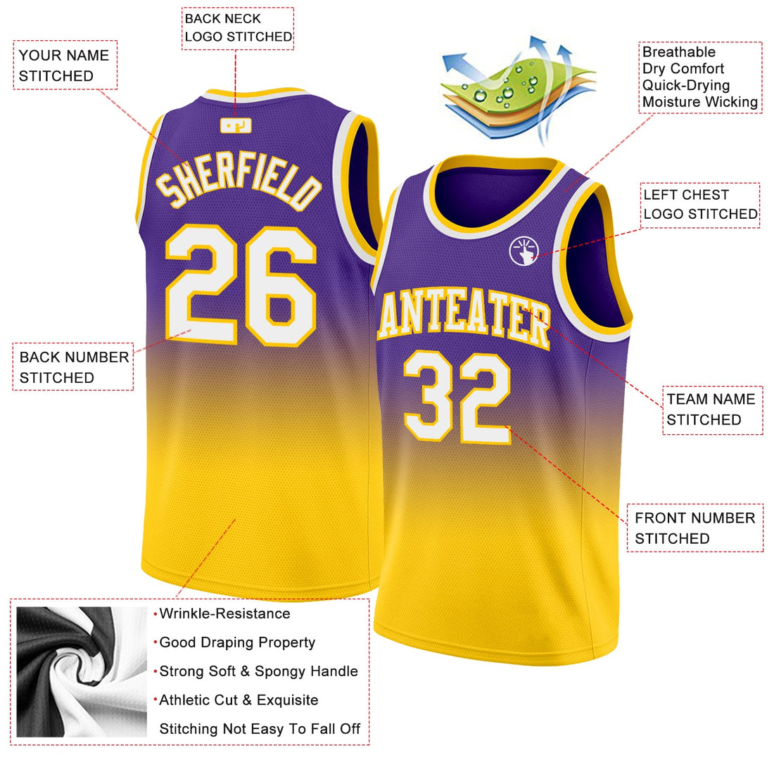 Custom Purple White-Gold Authentic Fade Fashion Basketball Jersey