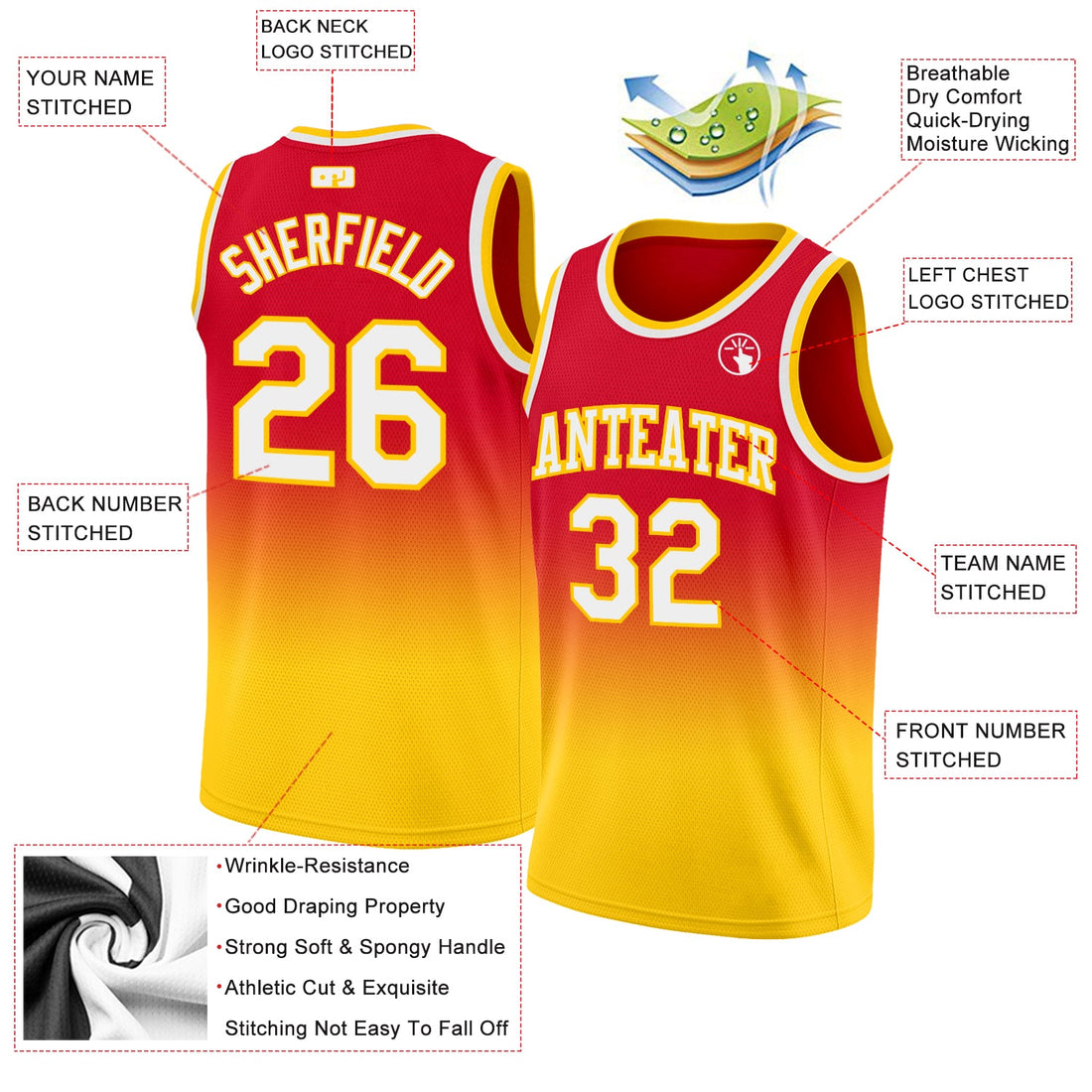 Custom Red White-Gold Authentic Fade Fashion Basketball Jersey