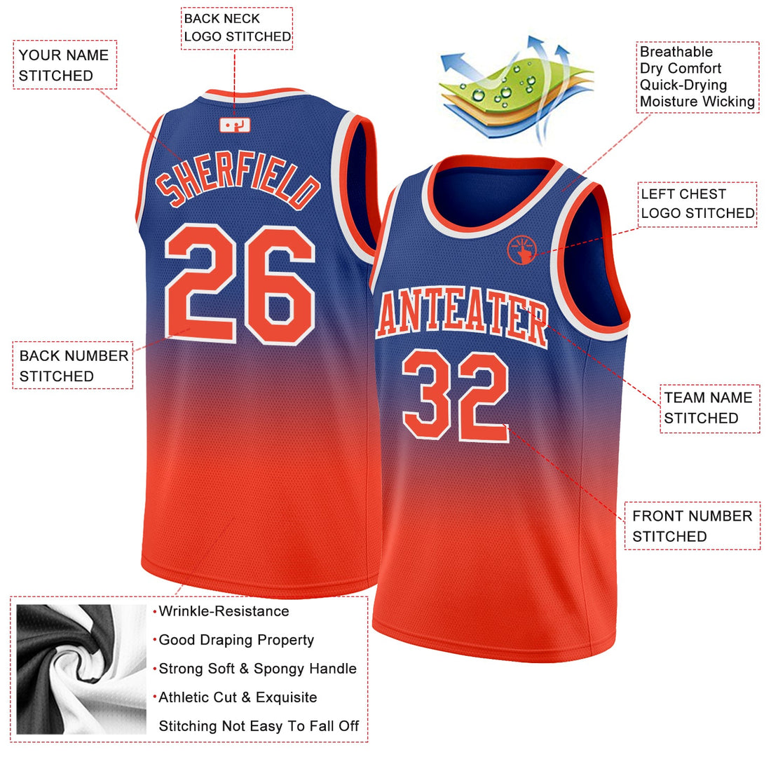 Custom Royal Orange-White Authentic Fade Fashion Basketball Jersey