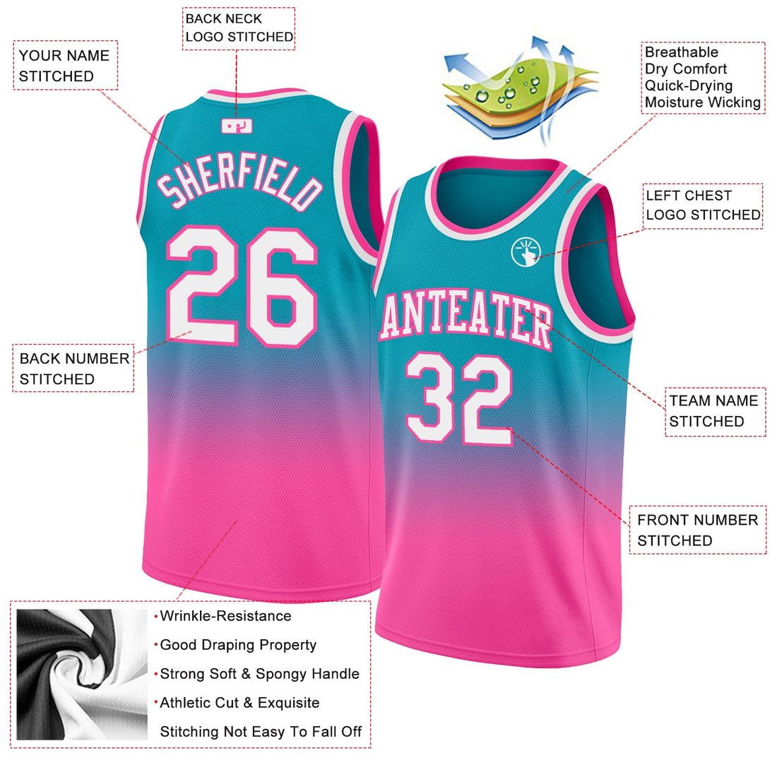 Custom Teal White-Pink Authentic Fade Fashion Basketball Jersey