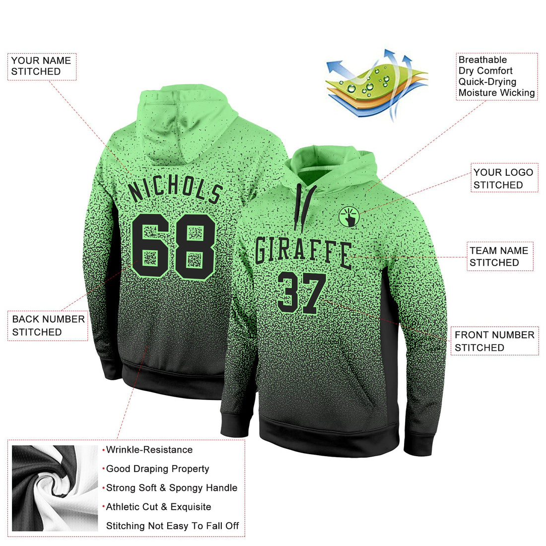 Custom Stitched Pea Green Black Fade Fashion Sports Pullover Sweatshirt Hoodie