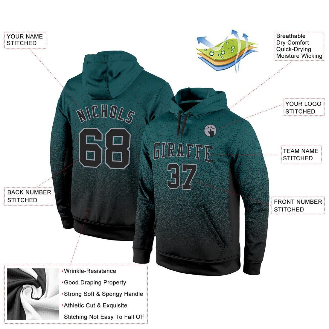 Custom Stitched Midnight Green Black-Gray Fade Fashion Sports Pullover Sweatshirt Hoodie