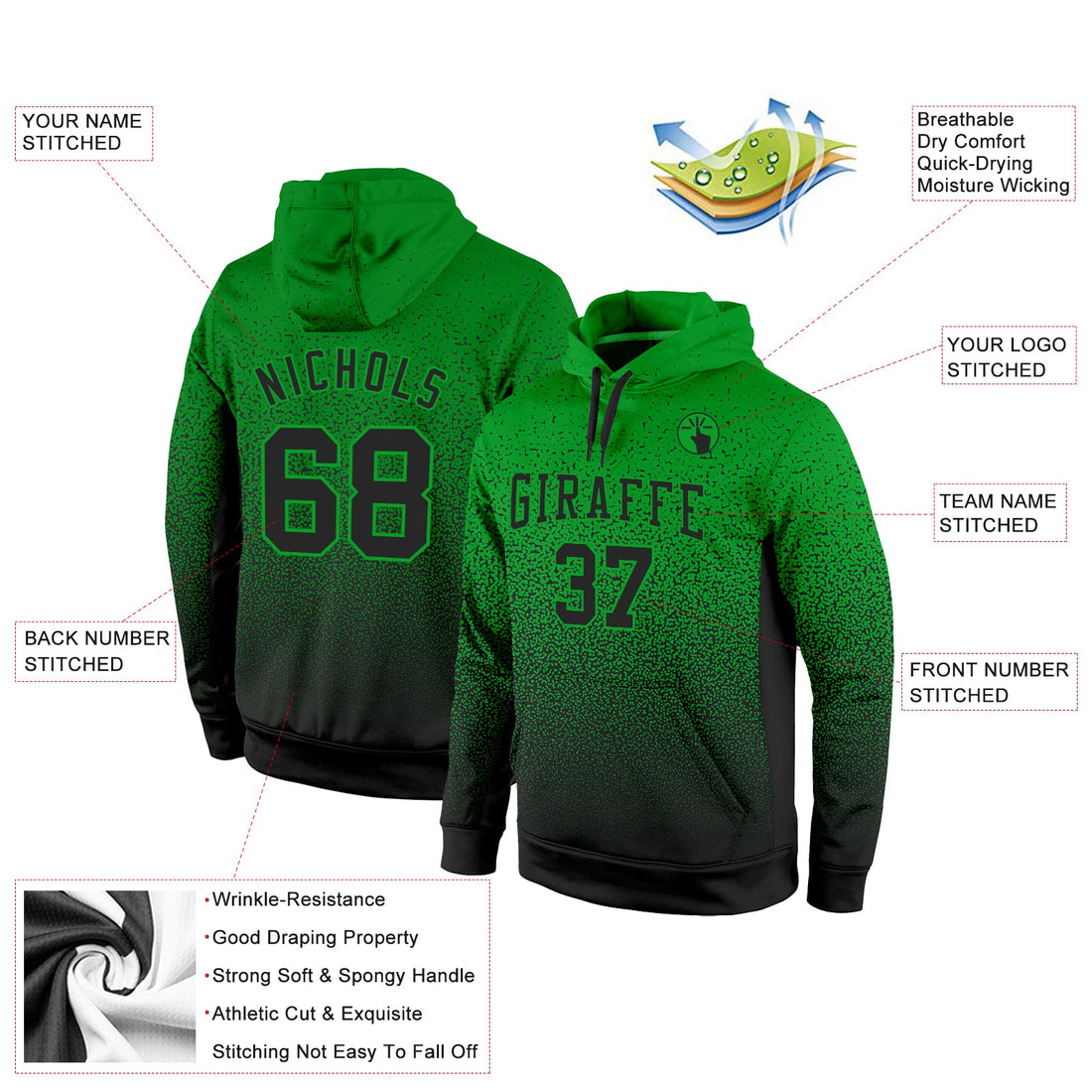 Custom Stitched Grass Green Black Fade Fashion Sports Pullover Sweatshirt Hoodie