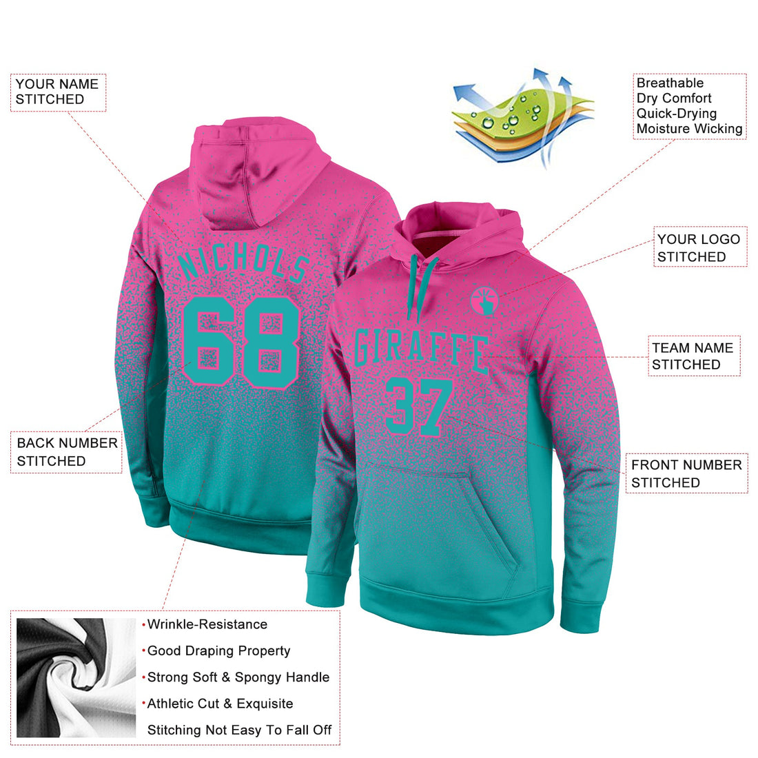 Custom Stitched Pink Aqua Fade Fashion Sports Pullover Sweatshirt Hoodie