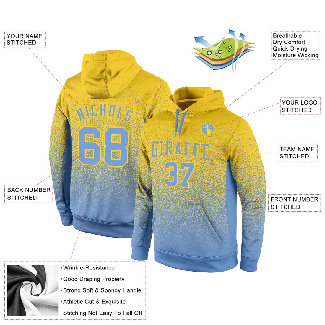 Custom Stitched Gold Light Blue Fade Fashion Sports Pullover Sweatshirt Hoodie