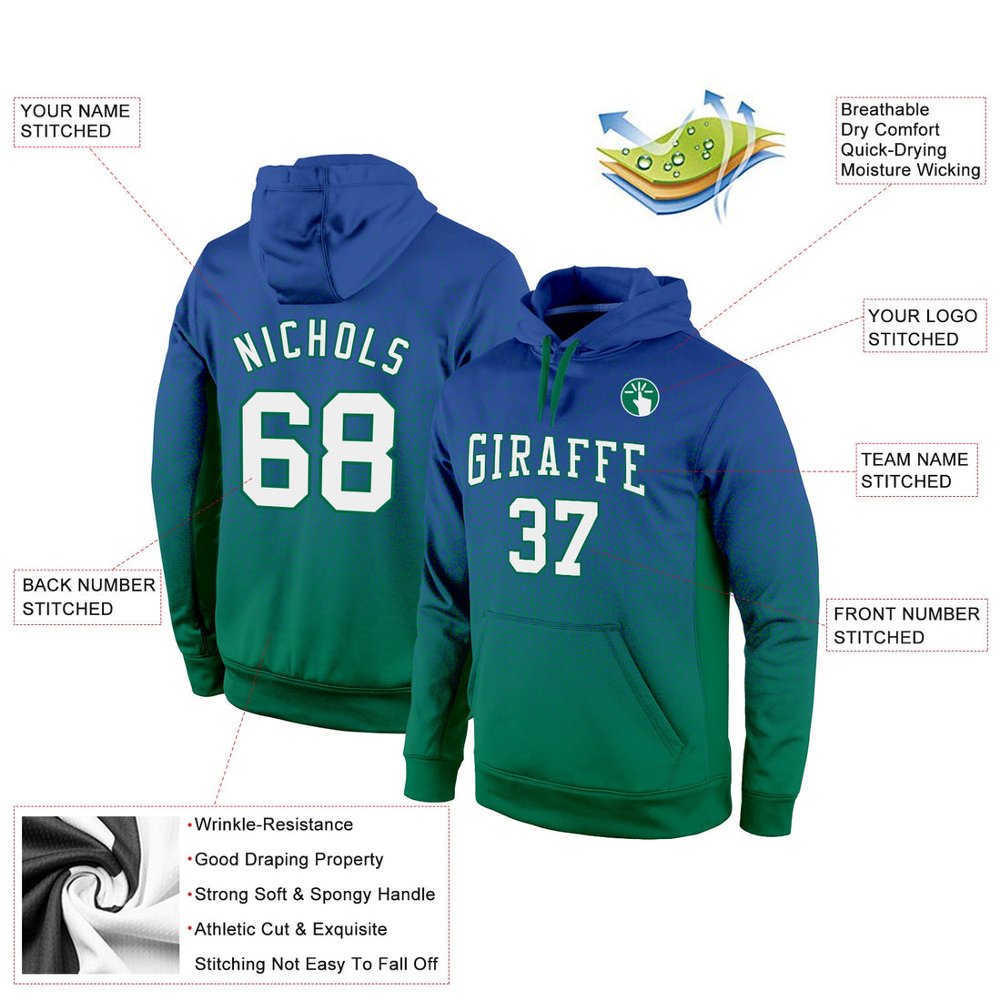 Custom Stitched Royal White-Kelly Green Fade Fashion Sports Pullover Sweatshirt Hoodie