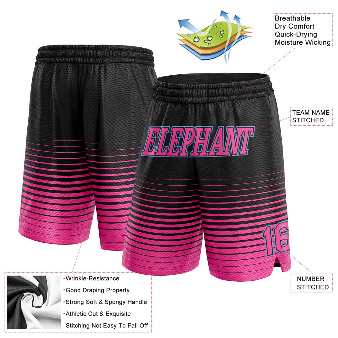 Custom Black Pink-Light Blue Pinstripe Fade Fashion Authentic Basketball Shorts