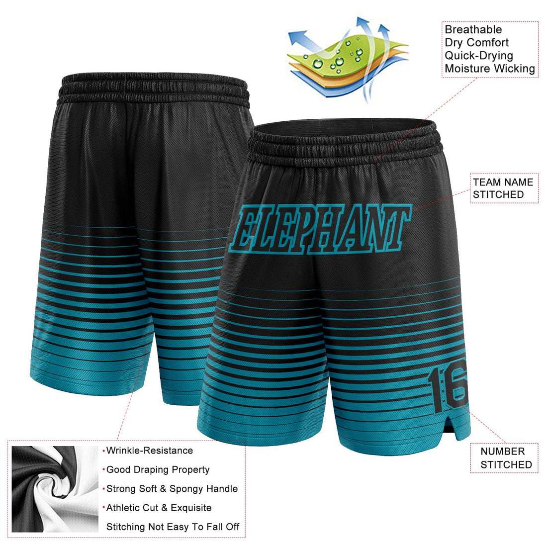 Custom Black Teal Pinstripe Fade Fashion Authentic Basketball Shorts