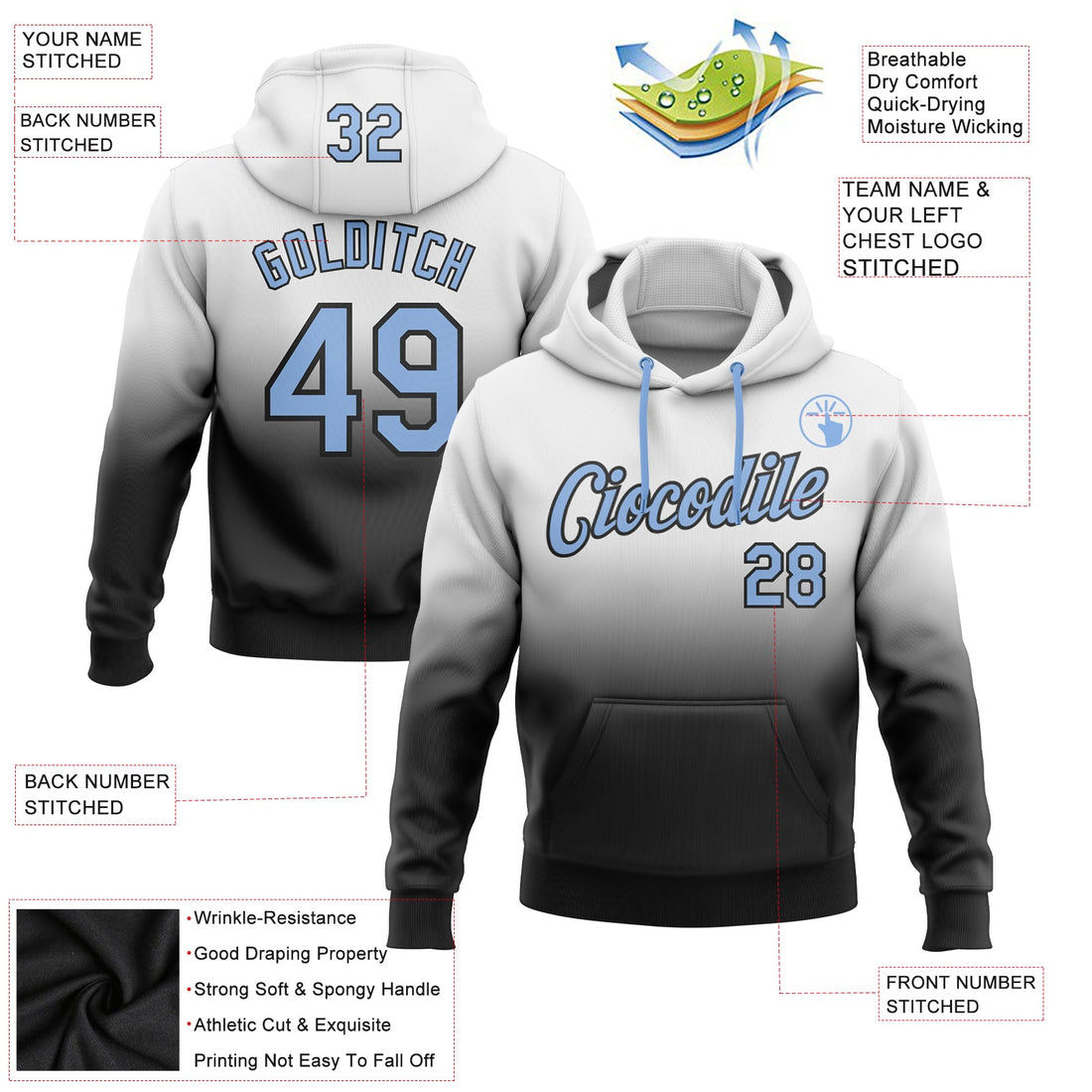 Custom Stitched White Light Blue-Black Fade Fashion Sports Pullover Sweatshirt Hoodie