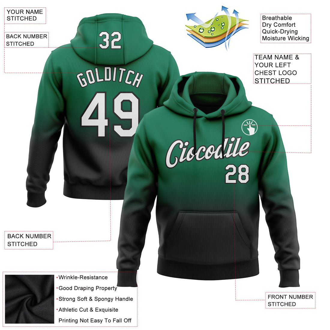 Custom Stitched Kelly Green White-Black Fade Fashion Sports Pullover Sweatshirt Hoodie