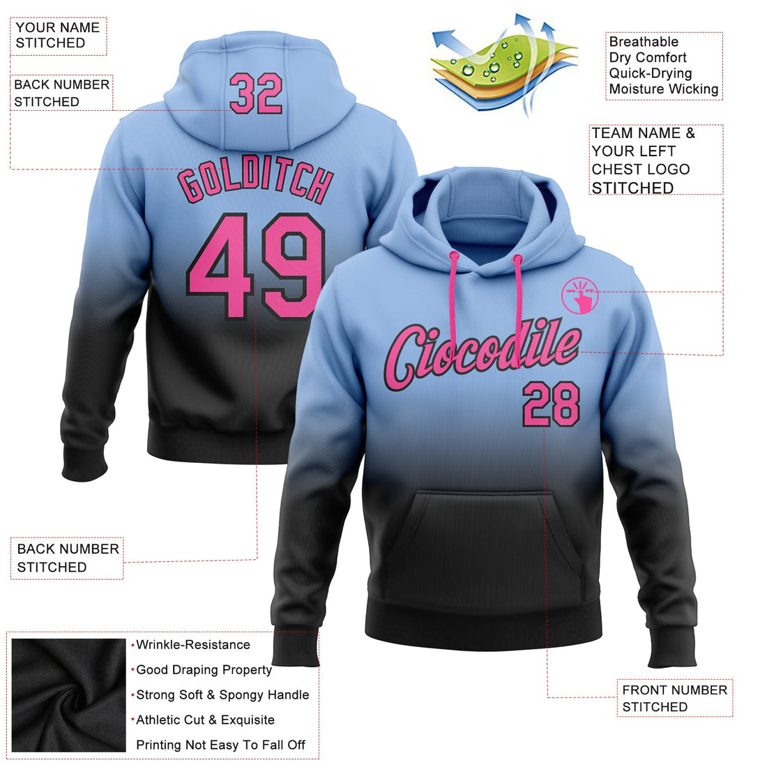 Custom Stitched Light Blue Pink-Black Fade Fashion Sports Pullover Sweatshirt Hoodie