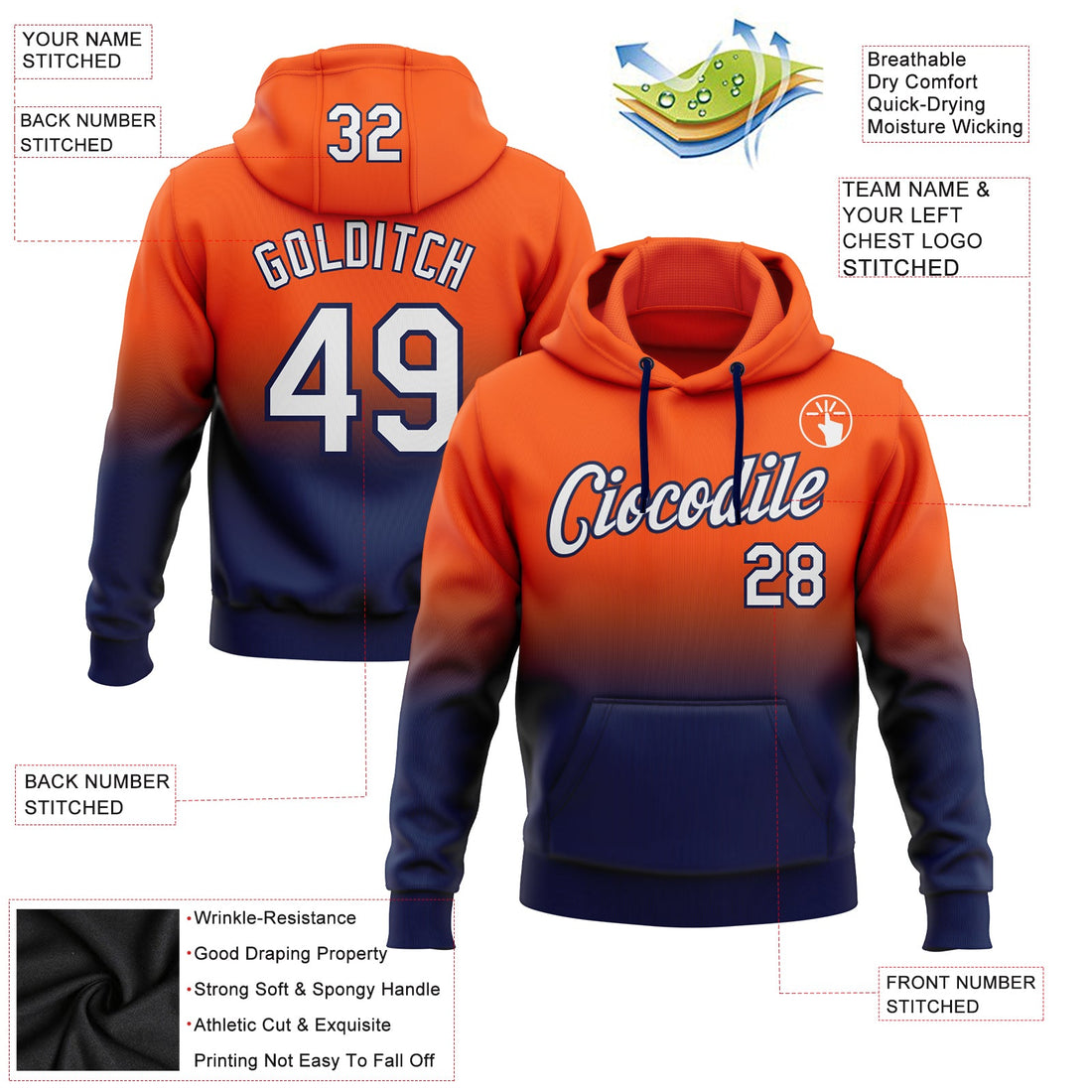 Custom Stitched Orange White-Navy Fade Fashion Sports Pullover Sweatshirt Hoodie