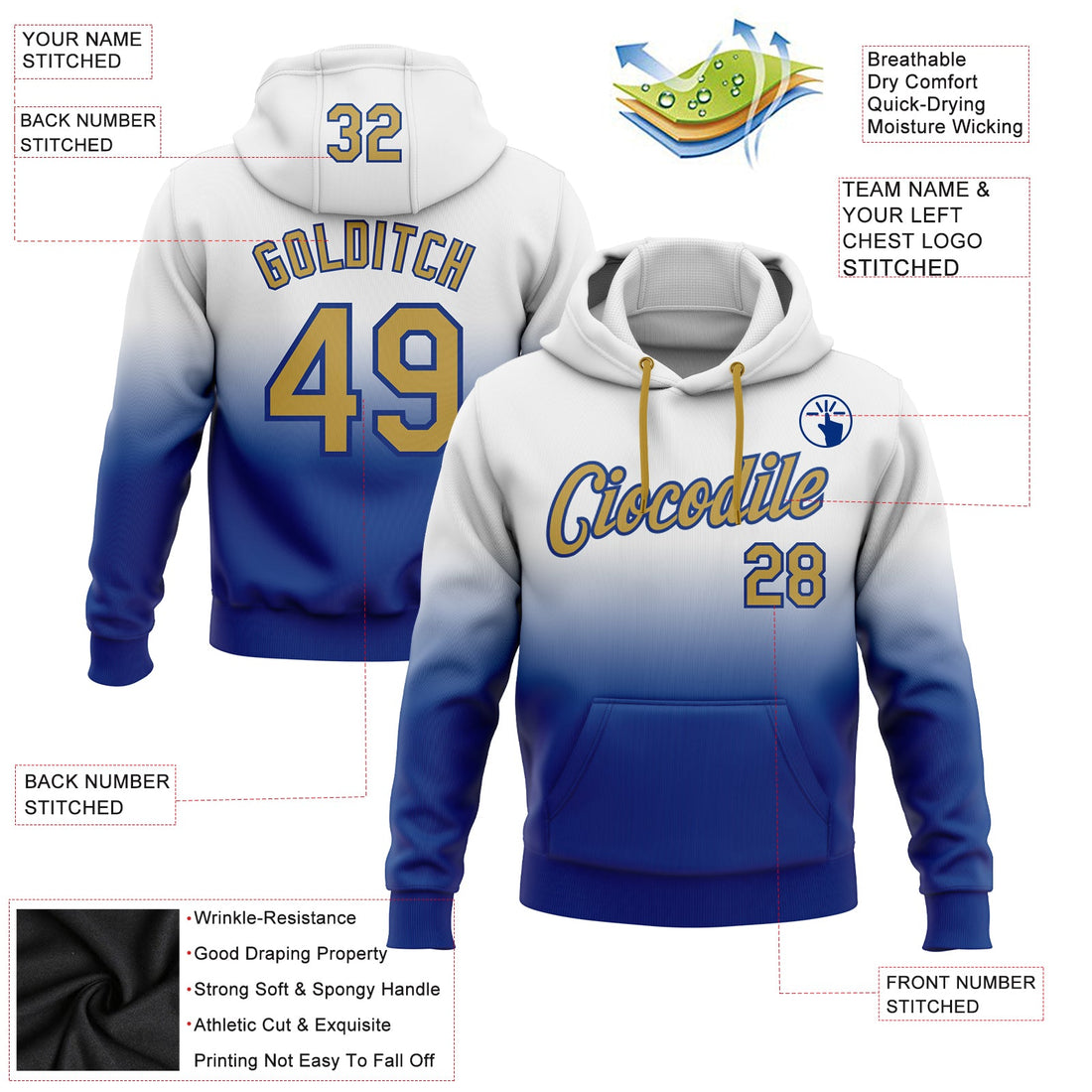 Custom Stitched White Old Gold-Royal Fade Fashion Sports Pullover Sweatshirt Hoodie