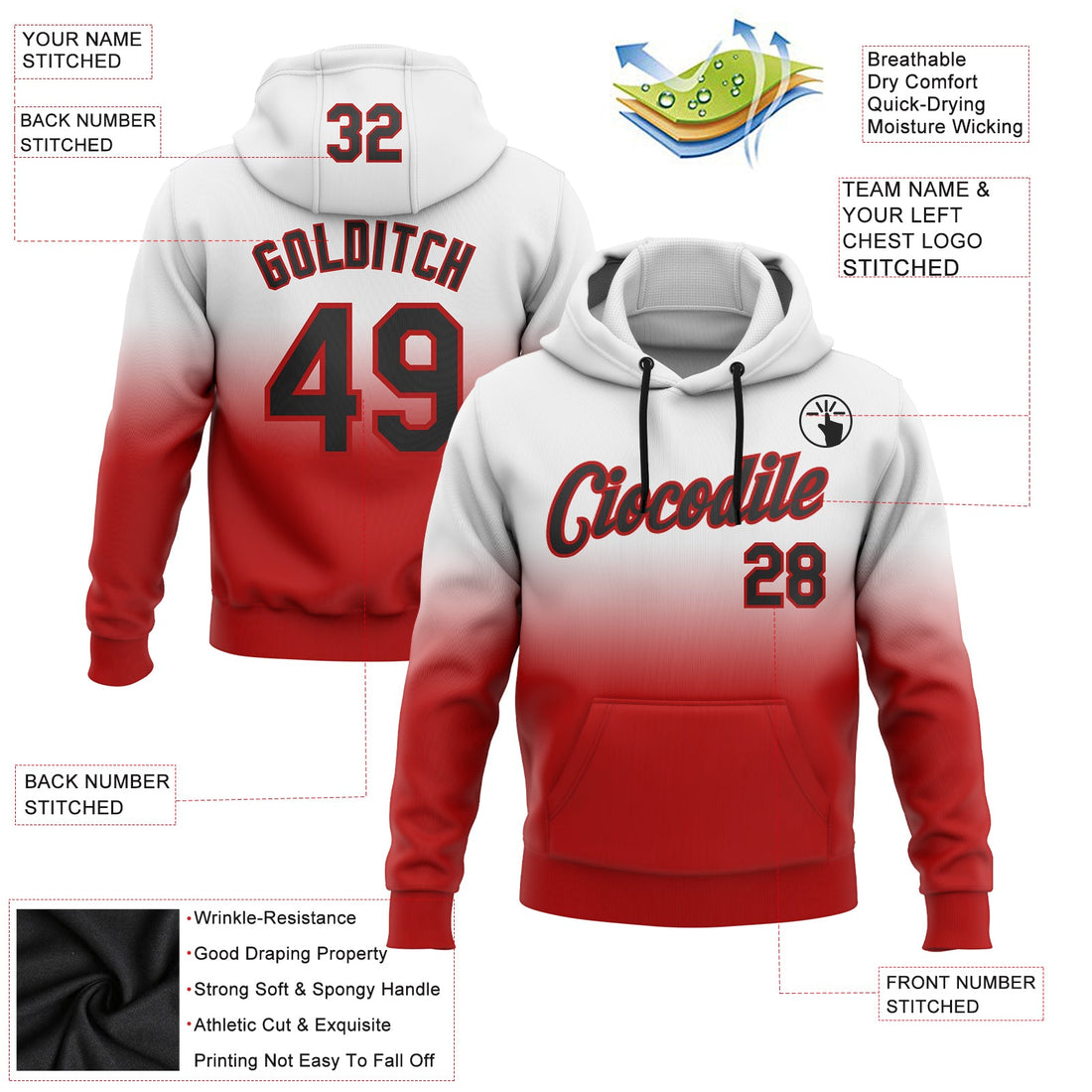 Custom Stitched White Black-Red Fade Fashion Sports Pullover Sweatshirt Hoodie