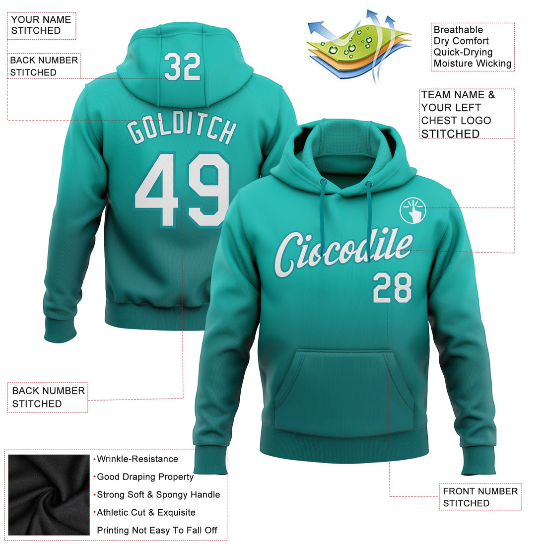 Custom Stitched Aqua White-Teal Fade Fashion Sports Pullover Sweatshirt Hoodie