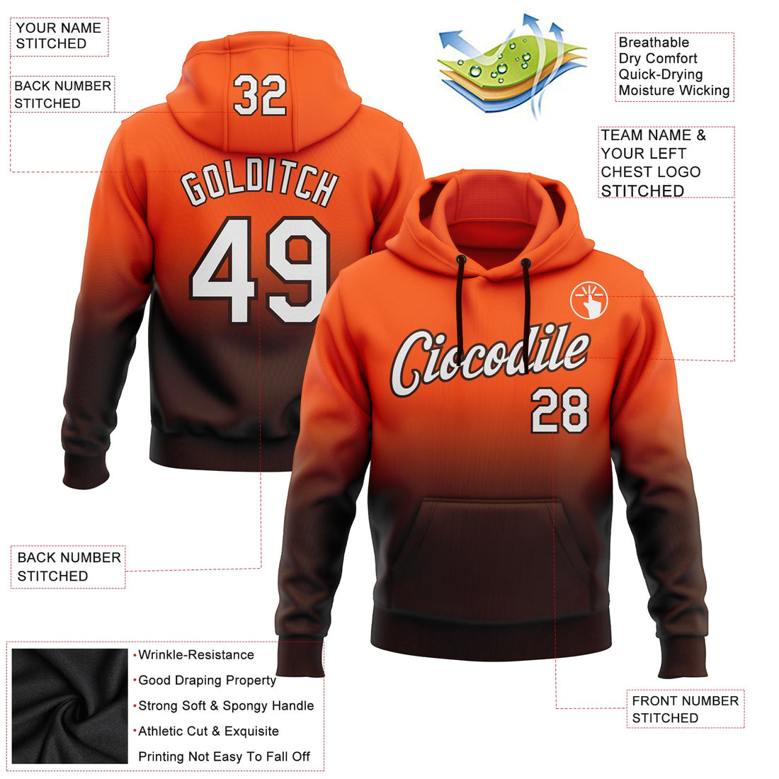 Custom Stitched Orange White-Brown Fade Fashion Sports Pullover Sweatshirt Hoodie