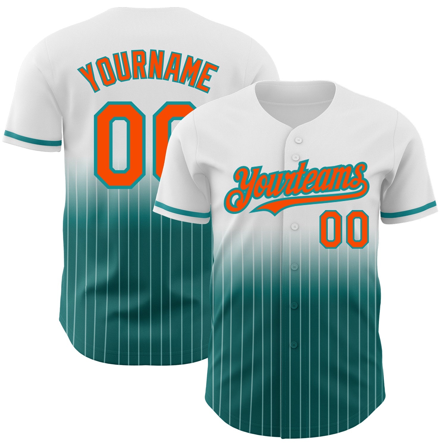 Custom White Pinstripe Orange-Teal Authentic Fade Fashion Baseball Jersey