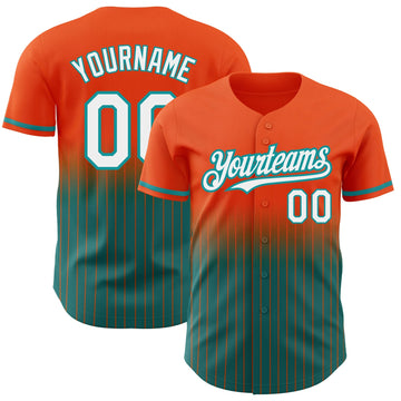 Custom Orange Pinstripe White-Teal Authentic Fade Fashion Baseball Jersey