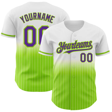 Custom White Pinstripe Purple-Neon Green Authentic Fade Fashion Baseball Jersey