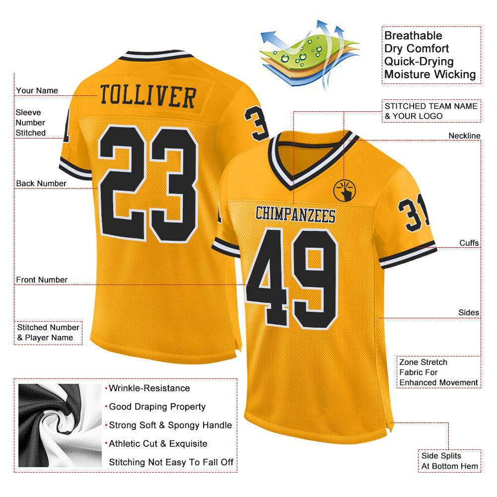 Custom Gold Black-White Mesh Authentic Throwback Football Jersey