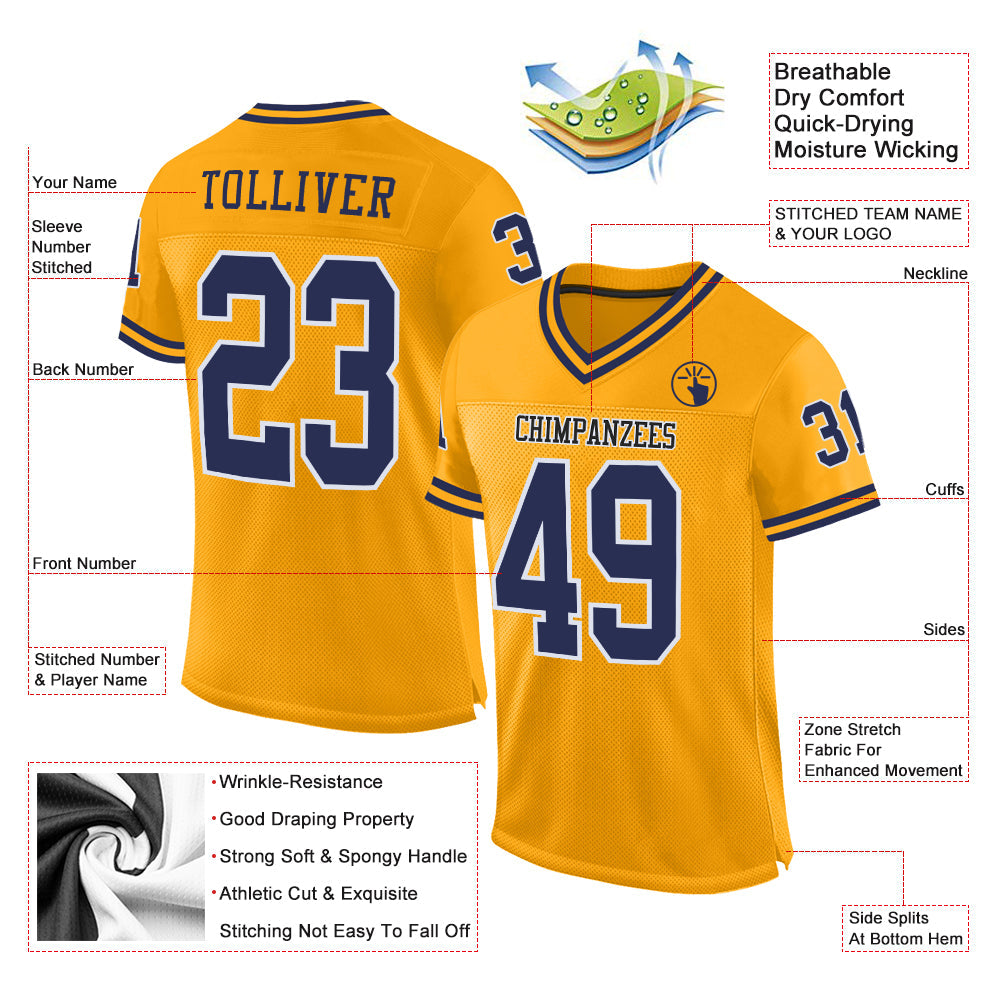 Custom Gold Navy-White Mesh Authentic Throwback Football Jersey