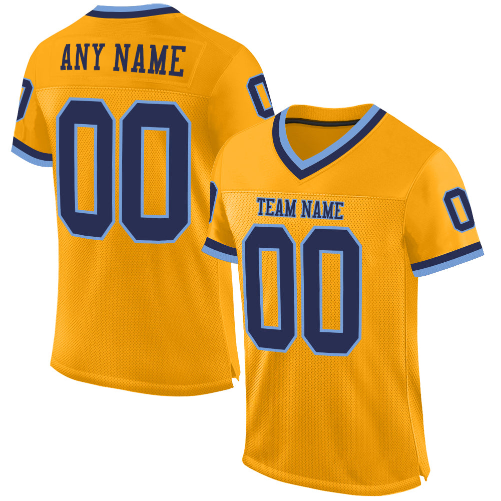 Custom Gold Navy-Light Blue Mesh Authentic Throwback Football Jersey