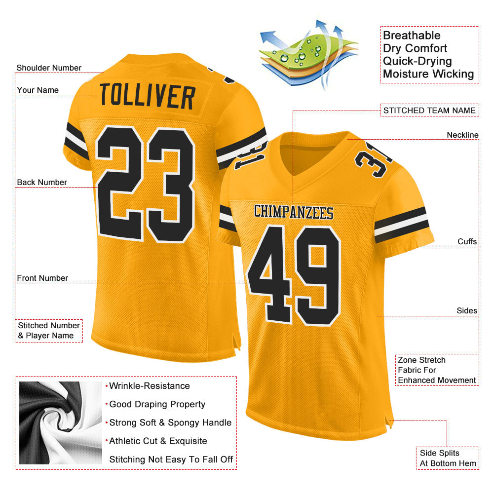 Custom Gold Black-White Mesh Authentic Football Jersey