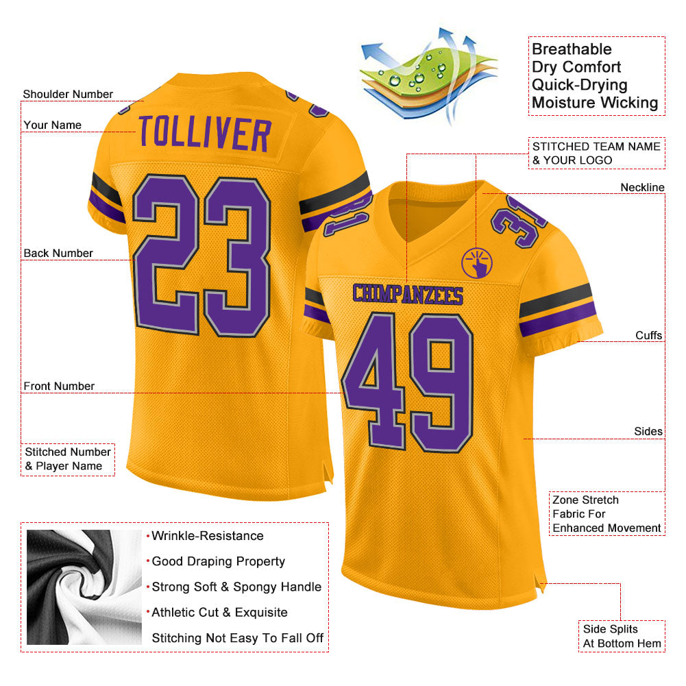 Custom Gold Purple-Black Mesh Authentic Football Jersey