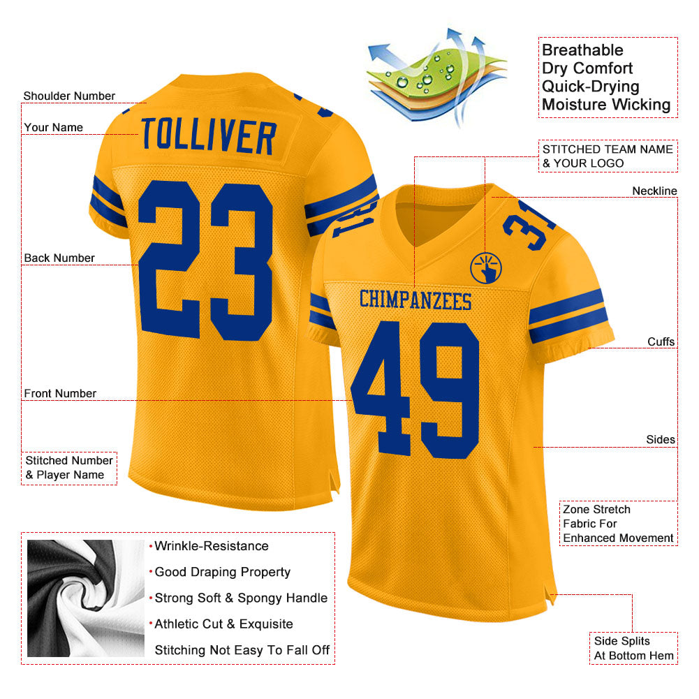 Custom Gold Royal Mesh Authentic Football Jersey