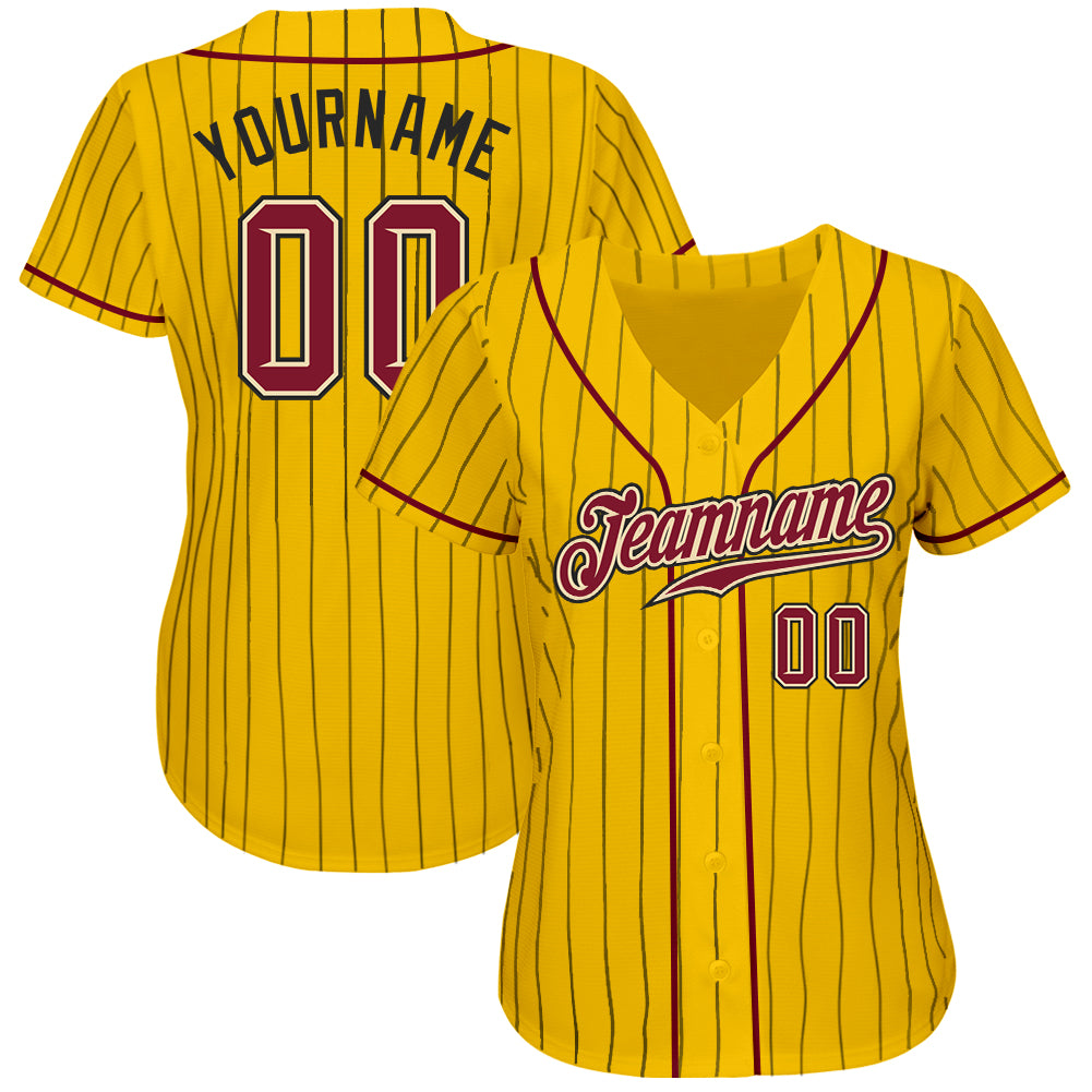 Custom Yellow Black Pinstripe Crimson-Cream Authentic Baseball Jersey