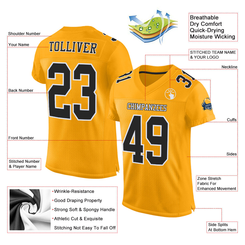 Custom Gold Black-White Mesh Authentic Football Jersey