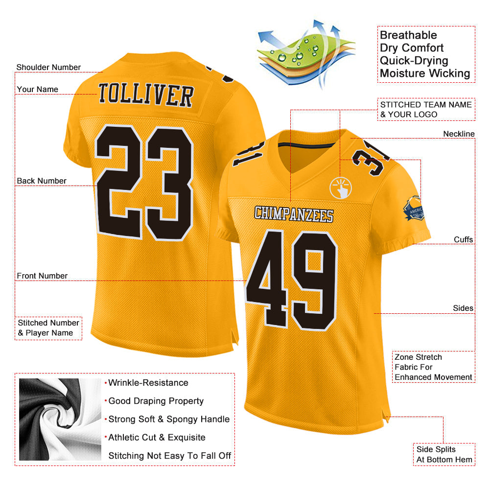 Custom Gold Brown-White Mesh Authentic Football Jersey