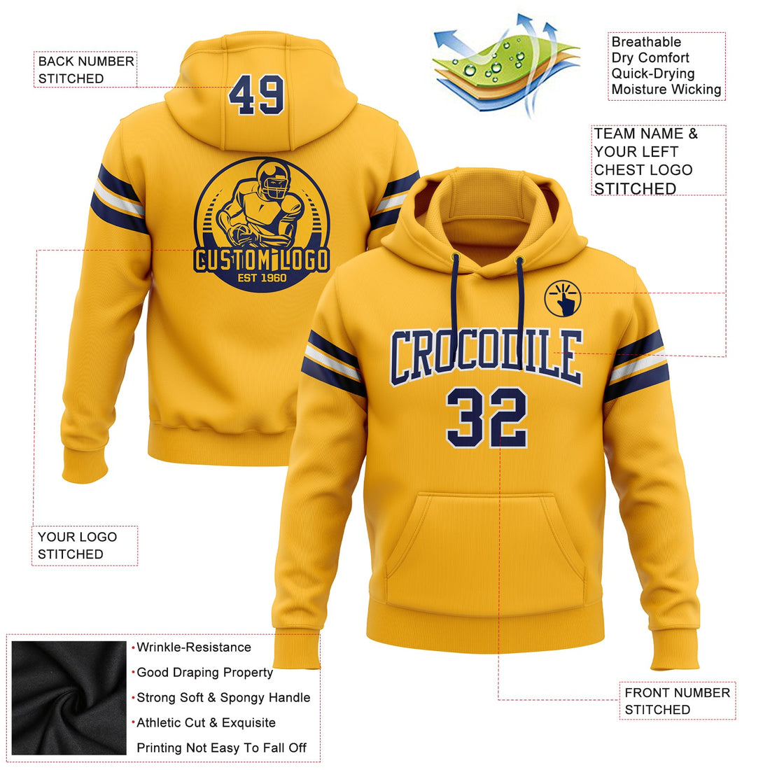 Custom Stitched Gold Navy-White Football Pullover Sweatshirt Hoodie