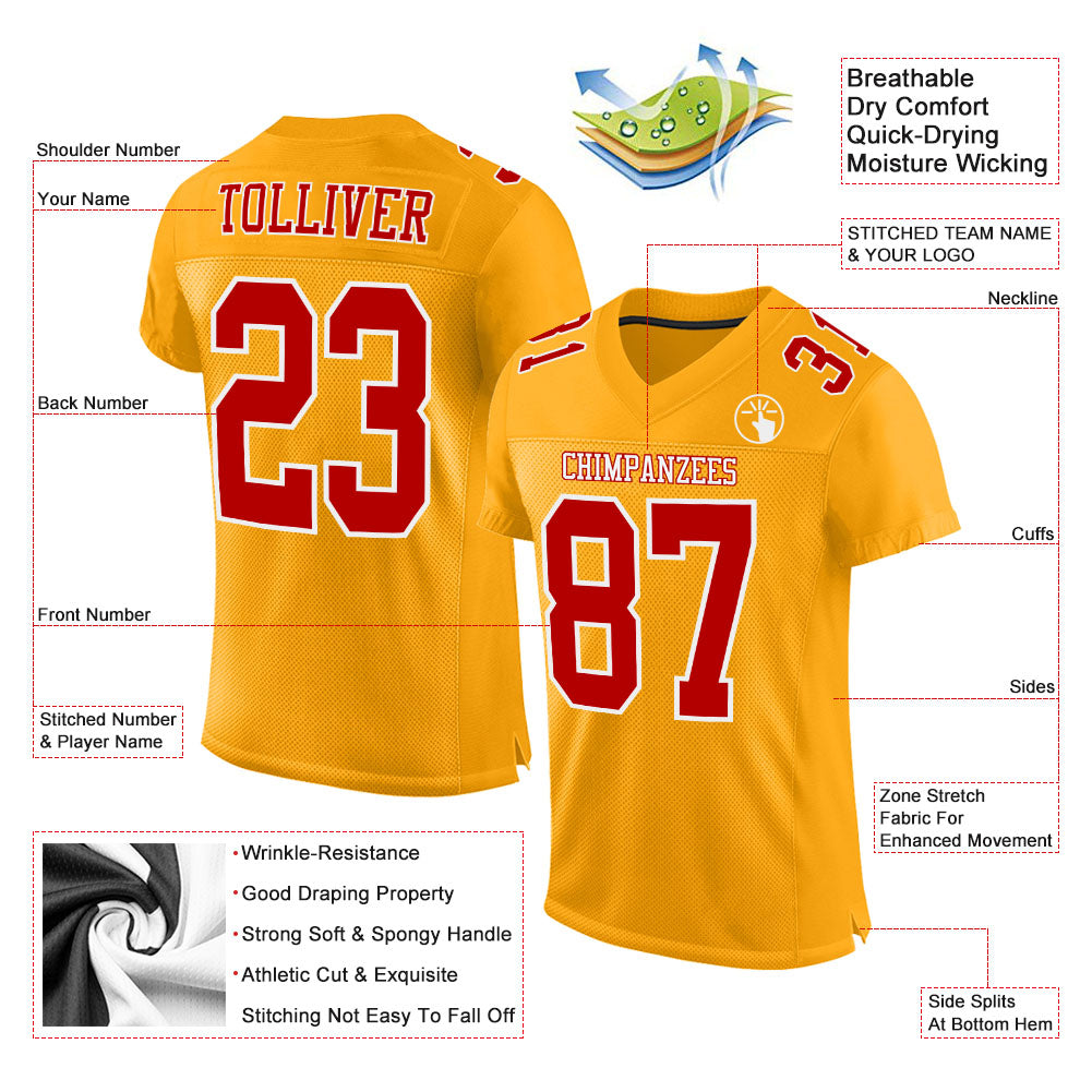 Custom Gold Red-White Mesh Authentic Football Jersey