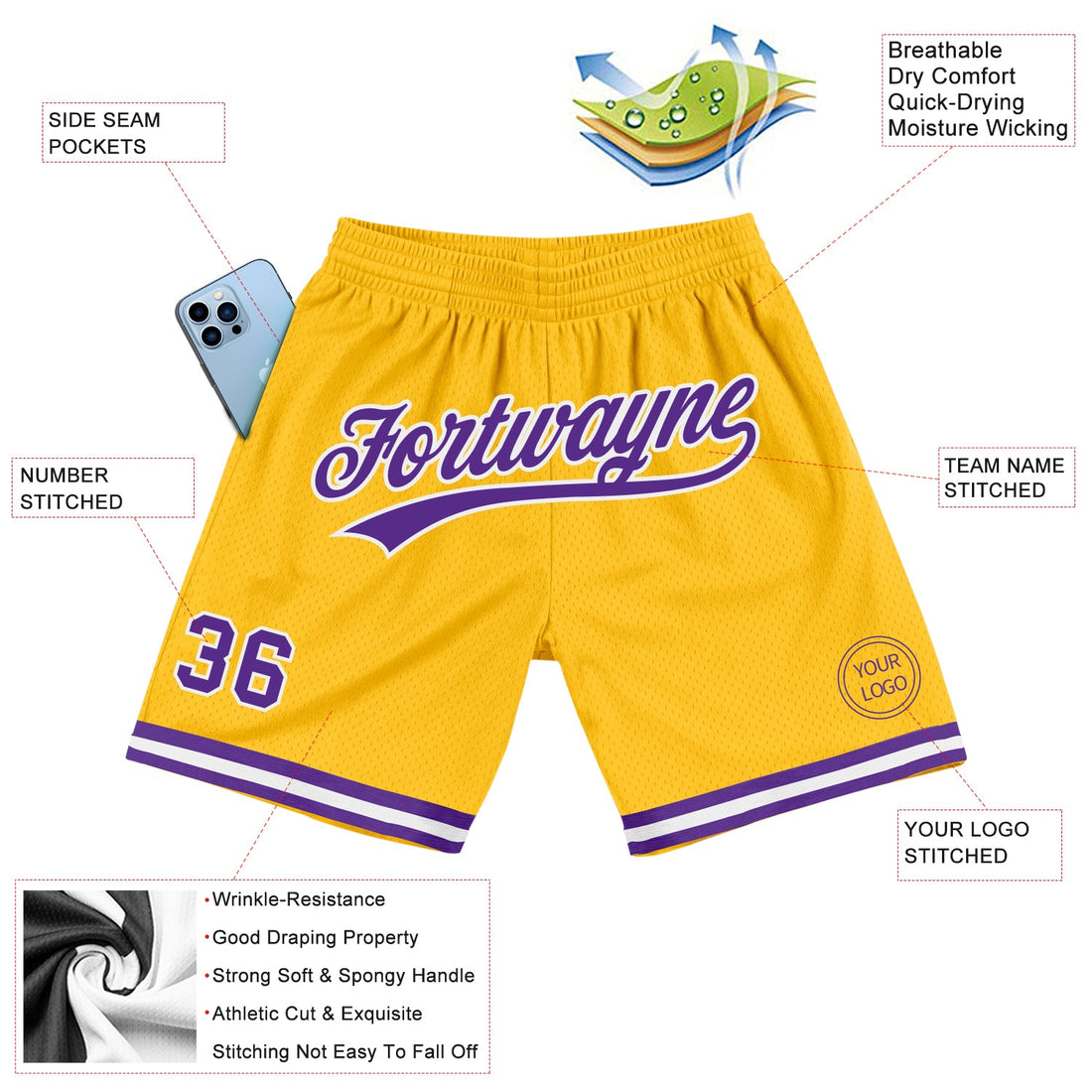 Custom Gold Purple-White Authentic Throwback Basketball Shorts