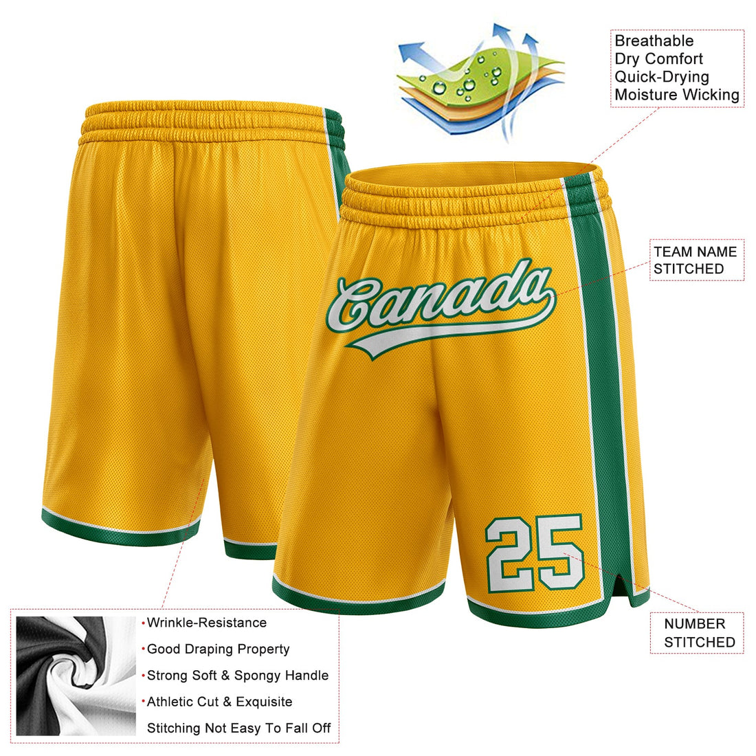 Custom Gold White-Kelly Green Authentic Basketball Shorts