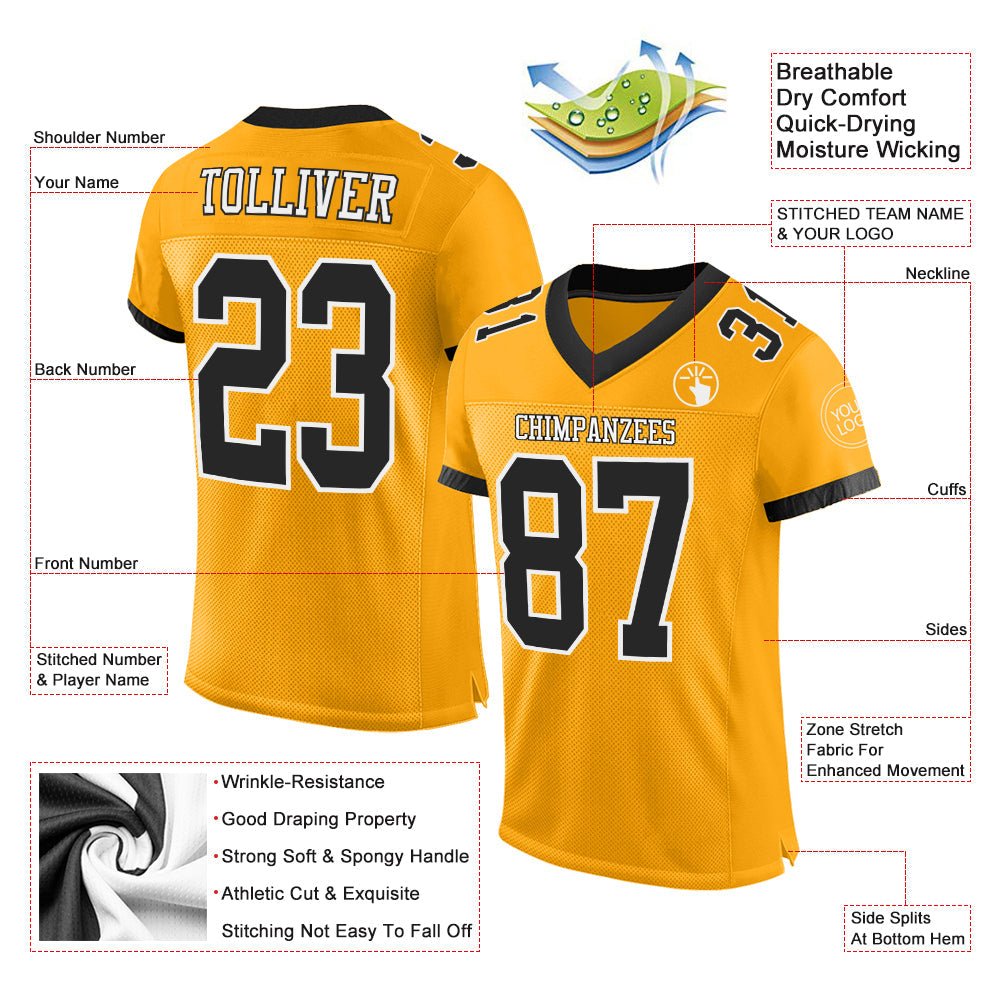 Custom Gold Black-White Mesh Authentic Football Jersey