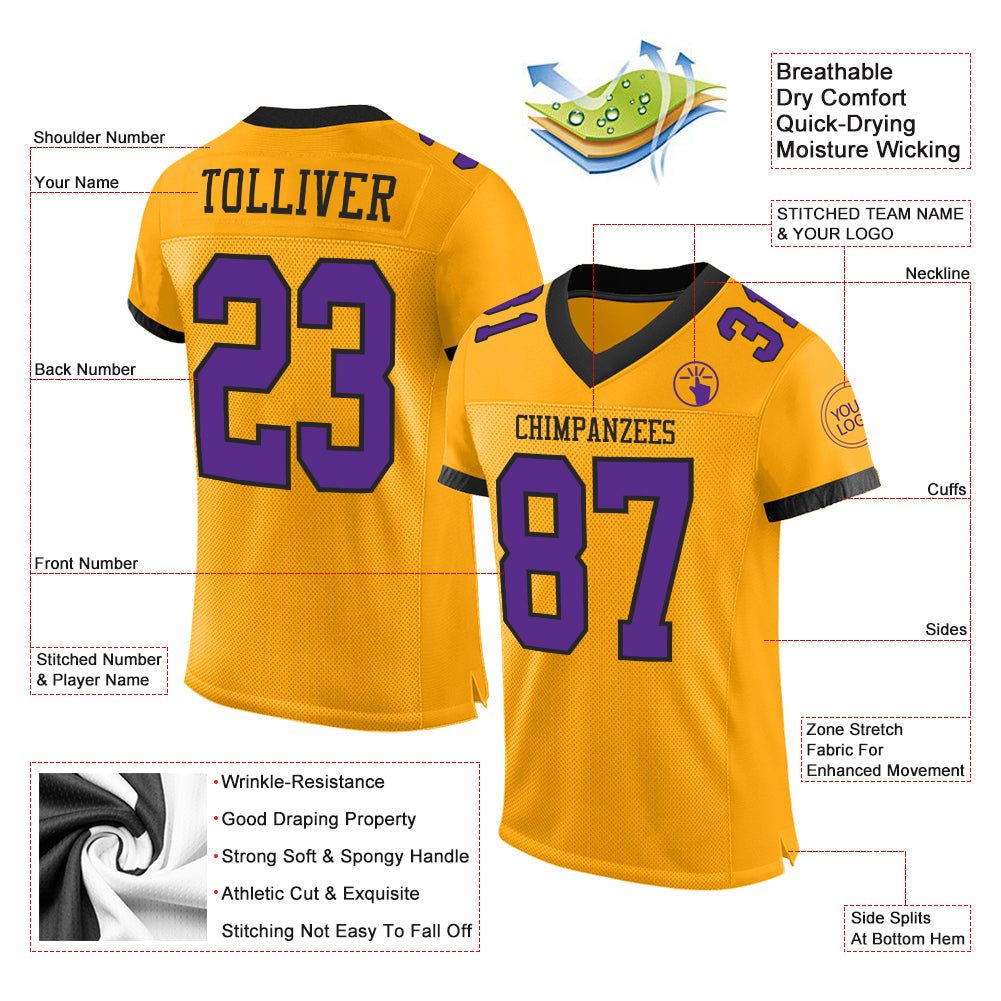 Custom Gold Purple-Black Mesh Authentic Football Jersey