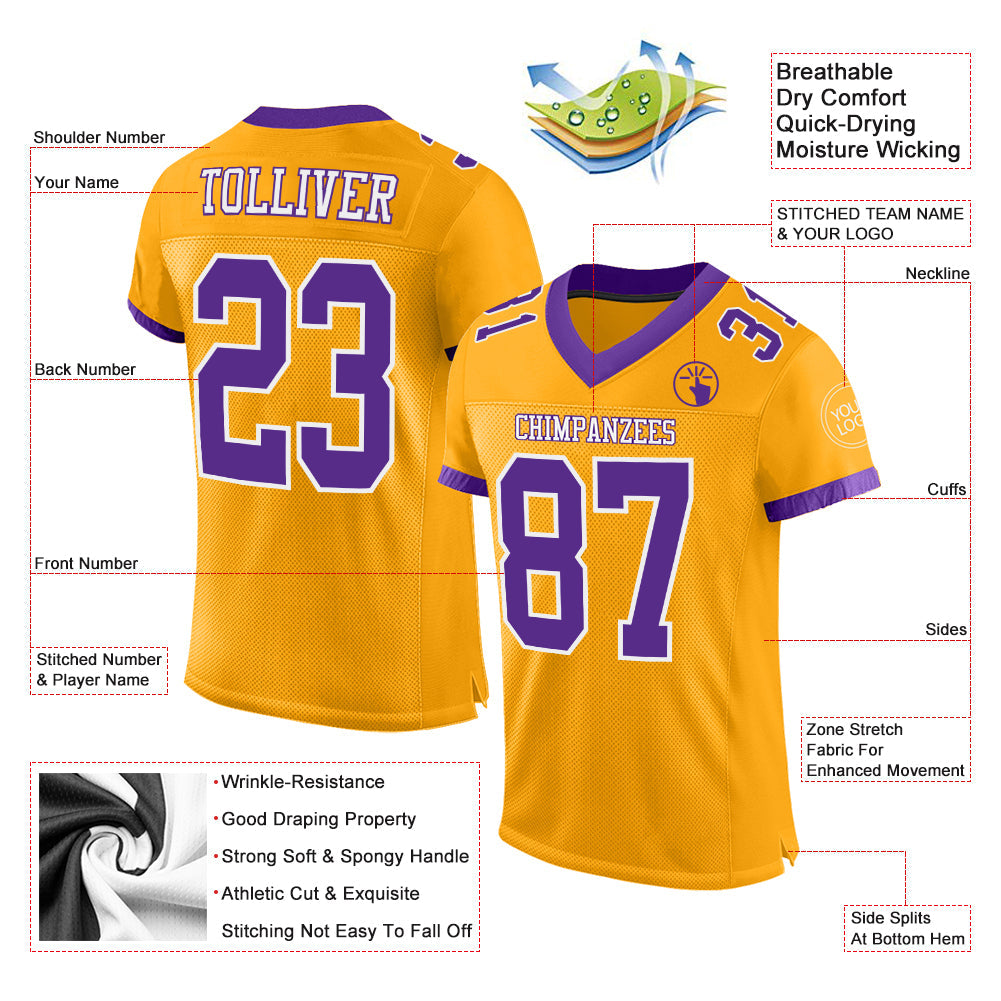 Custom Gold Purple-White Mesh Authentic Football Jersey