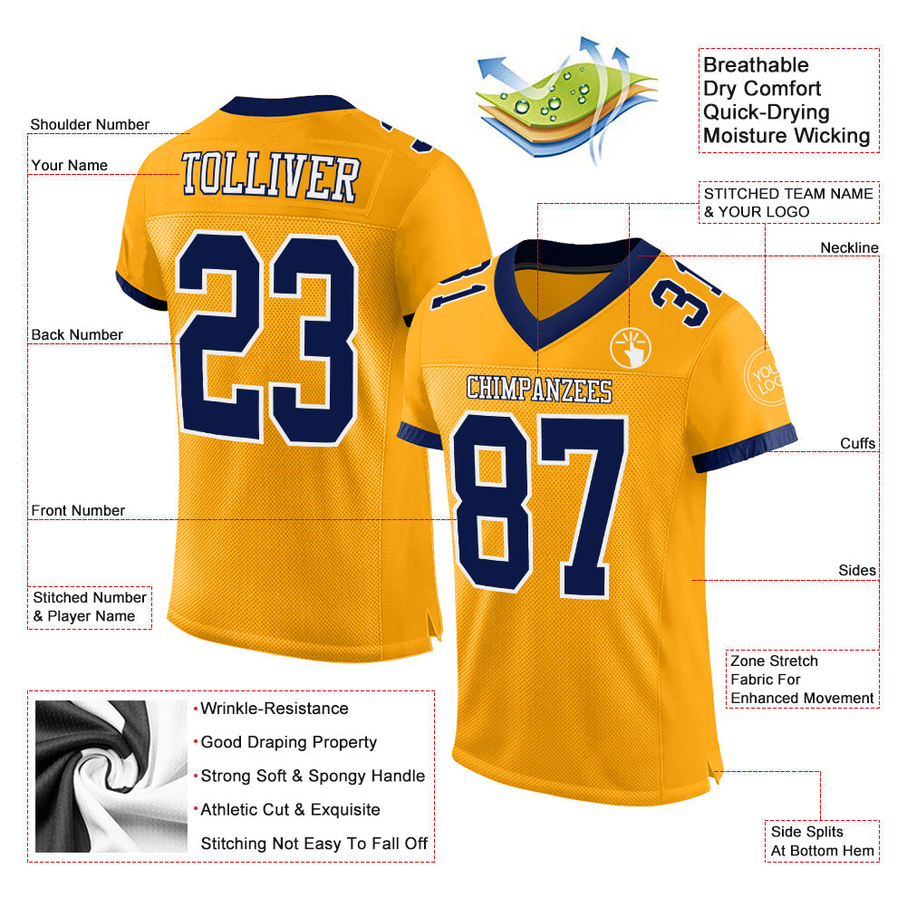 Custom Gold Navy-White Mesh Authentic Football Jersey