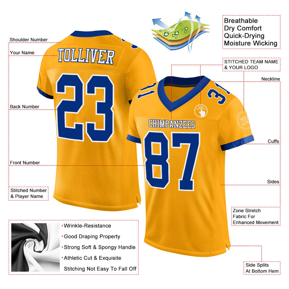 Custom Gold Royal-White Mesh Authentic Football Jersey