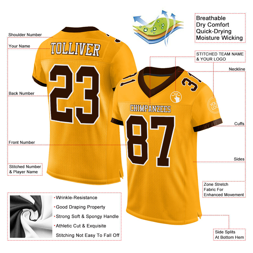 Custom Gold Brown-White Mesh Authentic Football Jersey