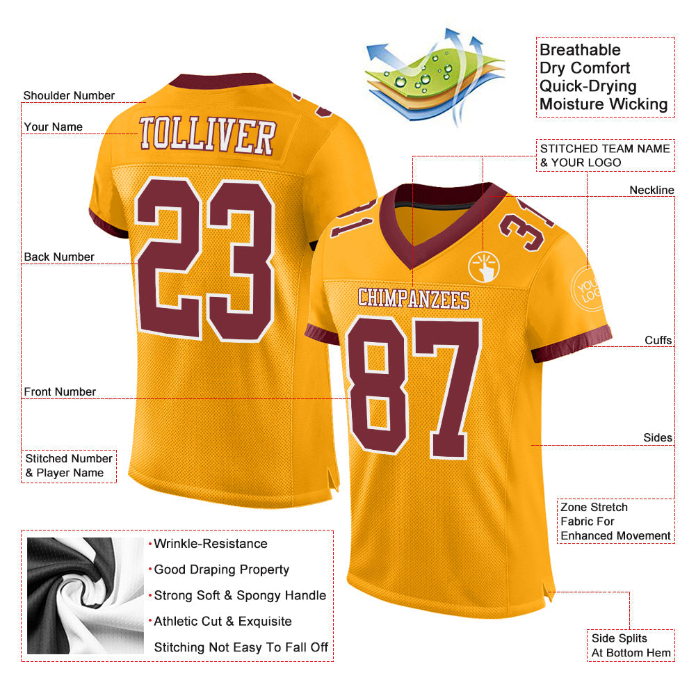 Custom Gold Burgundy-White Mesh Authentic Football Jersey