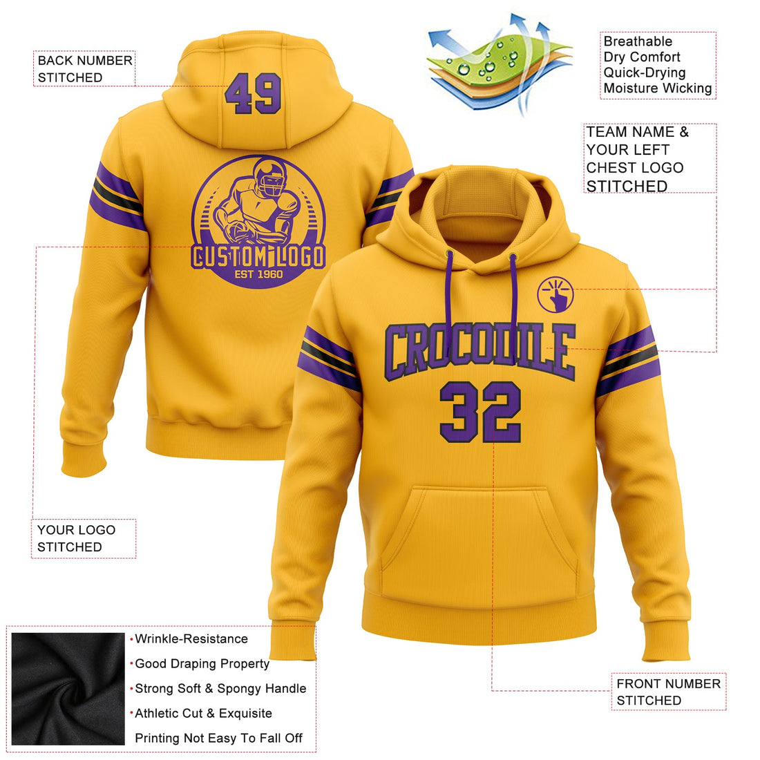 Custom Stitched Gold Purple-Black Football Pullover Sweatshirt Hoodie